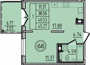 МЖК «Образцовый квартал 14», планировка 1-комнатной квартиры, 38.50 м²