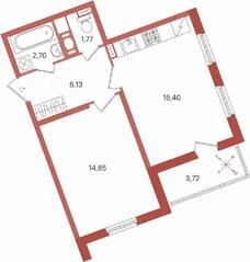 ЖК «Патио», планировка 1-комнатной квартиры, 43.71 м²