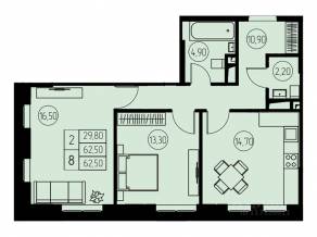 ЖК «31 квартал», планировка 2-комнатной квартиры, 62.50 м²