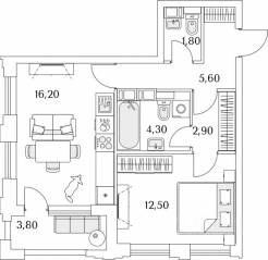 ЖК «Тайм Сквер», планировка 1-комнатной квартиры, 45.70 м²