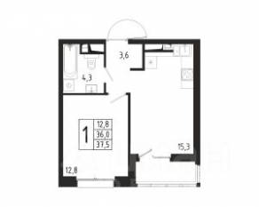 ЖК «Берег», планировка 1-комнатной квартиры, 37.50 м²