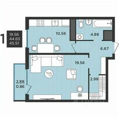 МЖК «Новокасимово», планировка 1-комнатной квартиры, 45.20 м²