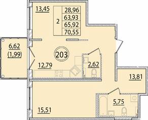 МЖК «Образцовый квартал 15», планировка 2-комнатной квартиры, 63.93 м²