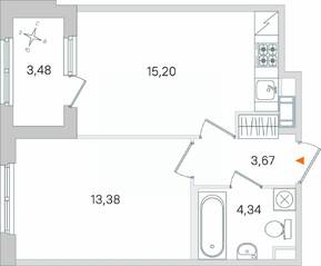 МЖК «Дубровский», планировка 1-комнатной квартиры, 38.33 м²