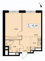ЖК «Self», планировка 1-комнатной квартиры, 45.00 м²