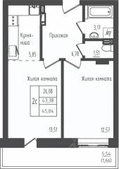 ЖК «Зеленый Оазис-Город», планировка 1-комнатной квартиры, 45.04 м²