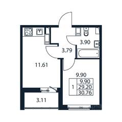 ЖК «Полис ЛАВрики», планировка 2-комнатной квартиры, 30.06 м²