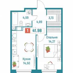 ЖК «Графика», планировка 1-комнатной квартиры, 41.98 м²