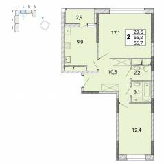 ЖК «Центр-2», планировка 2-комнатной квартиры, 56.90 м²