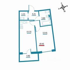 ЖК «Левитан», планировка 1-комнатной квартиры, 39.45 м²