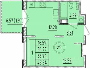 МЖК «Образцовый квартал 17», планировка 1-комнатной квартиры, 36.77 м²