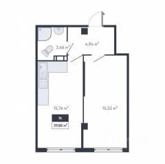 ЖК «Ромашки», планировка 1-комнатной квартиры, 39.30 м²