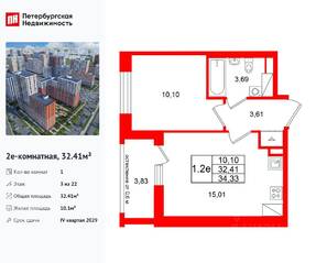 ЖК «Город звезд», планировка 1-комнатной квартиры, 32.41 м²