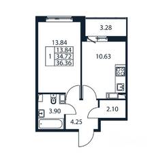 ЖК «Полис ЛАВрики», планировка 1-комнатной квартиры, 35.74 м²