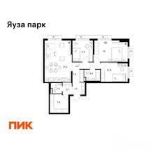 ЖК «Яуза парк (ПИК)», планировка 3-комнатной квартиры, 90.30 м²