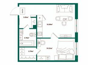 ЖК «ЛесART», планировка 1-комнатной квартиры, 38.08 м²