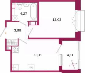 ЖК «Дом на Курской», планировка 1-комнатной квартиры, 36.46 м²
