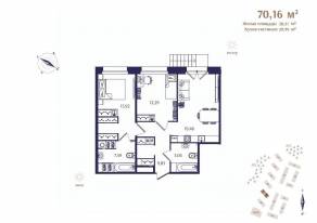 ЖК «Ranta Residence», планировка 2-комнатной квартиры, 70.16 м²