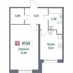 ЖК «Фотограф», планировка 1-комнатной квартиры, 47.43 м²