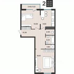 МЖК «Новокасимово», планировка 2-комнатной квартиры, 63.40 м²