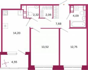 ЖК «Дом на Курской», планировка 2-комнатной квартиры, 58.90 м²