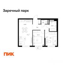 ЖК «Заречный парк», планировка 2-комнатной квартиры, 52.86 м²