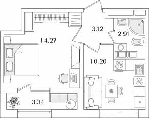 ЖК «БелАрт», планировка 1-комнатной квартиры, 32.17 м²