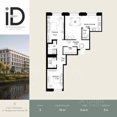 ЖК «ID Petrogradskaya», планировка 3-комнатной квартиры, 74.00 м²