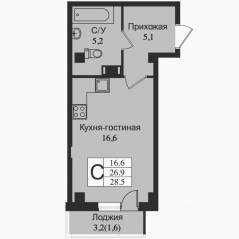 ЖК «Южная заря», планировка студии, 29.10 м²