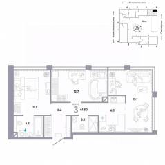 ЖК «Страна.Озерная», планировка 3-комнатной квартиры, 61.50 м²