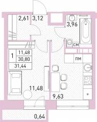 ЖК «Столичный», планировка 1-комнатной квартиры, 31.60 м²