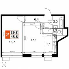 МФК «Датский квартал», планировка 2-комнатной квартиры, 45.50 м²