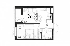 ЖК «Берег», планировка 1-комнатной квартиры, 38.00 м²