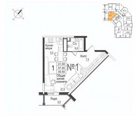 ЖК «Школьный» (Наро-Фоминск), планировка студии, 40.90 м²