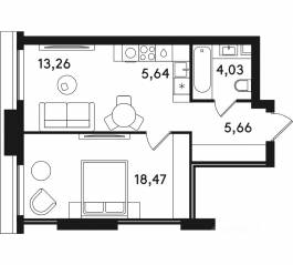 ЖК «Solos», планировка 1-комнатной квартиры, 47.06 м²