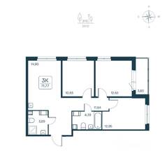 ЖК «Расцветай в Янино», планировка 3-комнатной квартиры, 71.77 м²