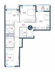 ЖК «Русич Кантемировский», планировка 3-комнатной квартиры, 71.00 м²