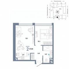 ЖК «Страна.Озерная», планировка 2-комнатной квартиры, 37.00 м²