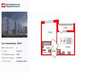 ЖК «Бионика Заповедная», планировка 1-комнатной квартиры, 34.00 м²