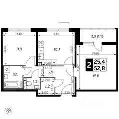 ЖК «Южная Битца», планировка 2-комнатной квартиры, 53.70 м²