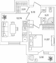 ЖК «Кинопарк», планировка 1-комнатной квартиры, 34.51 м²