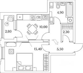 ЖК «Тайм Сквер», планировка 1-комнатной квартиры, 40.30 м²