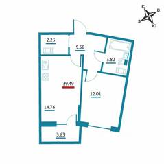 ЖК «Левитан», планировка 1-комнатной квартиры, 39.49 м²