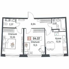 ЖК «Авиатор» (Девяткино), планировка 2-комнатной квартиры, 54.07 м²
