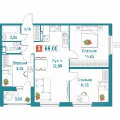 ЖК «Графика», планировка 3-комнатной квартиры, 69.00 м²