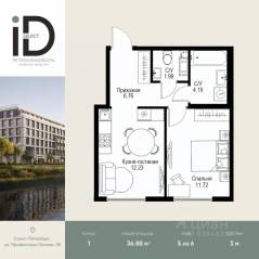 ЖК «ID Petrogradskaya», планировка 1-комнатной квартиры, 36.88 м²