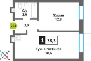 ЖК «Лесная Отрада», планировка 1-комнатной квартиры, 38.30 м²