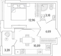 ЖК «Гранат», планировка 1-комнатной квартиры, 33.32 м²