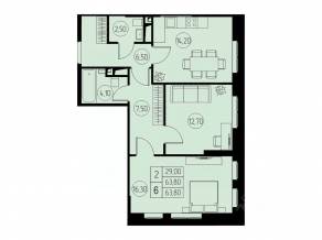 ЖК «31 квартал», планировка 2-комнатной квартиры, 63.80 м²