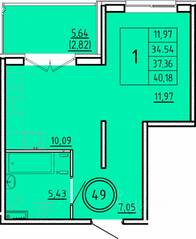 МЖК «Образцовый квартал 16», планировка 1-комнатной квартиры, 34.54 м²